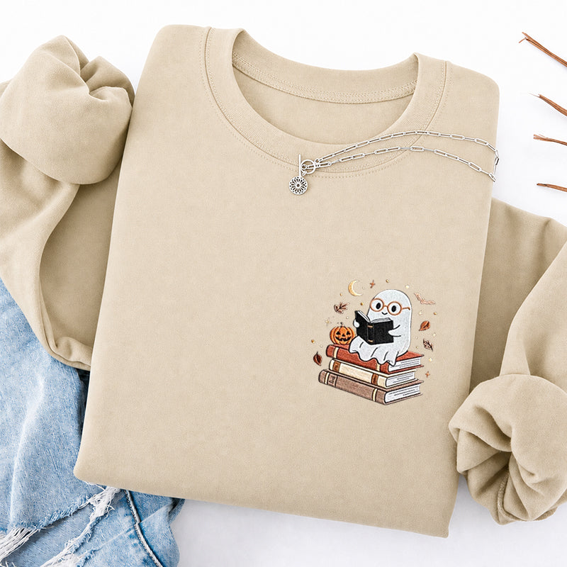 Embroidered Ghost Reading Books Classic Crewneck Sweatshirt