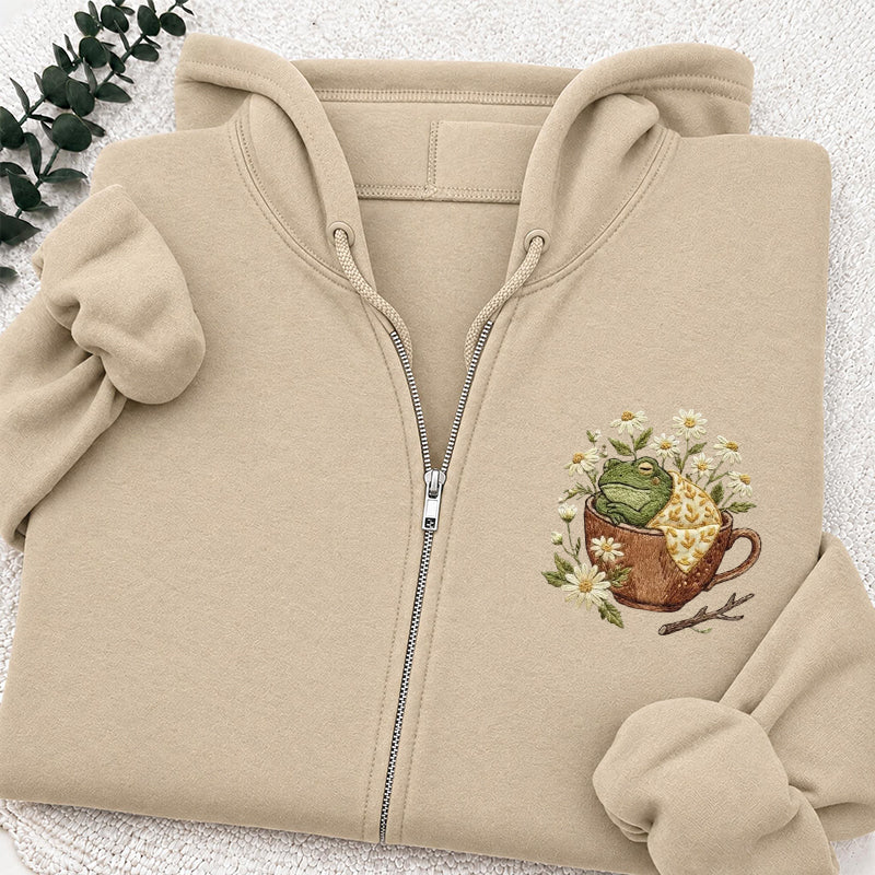 Embroidered Frog in Teacup Classic Adult Unisex Full Zip Hoodie
