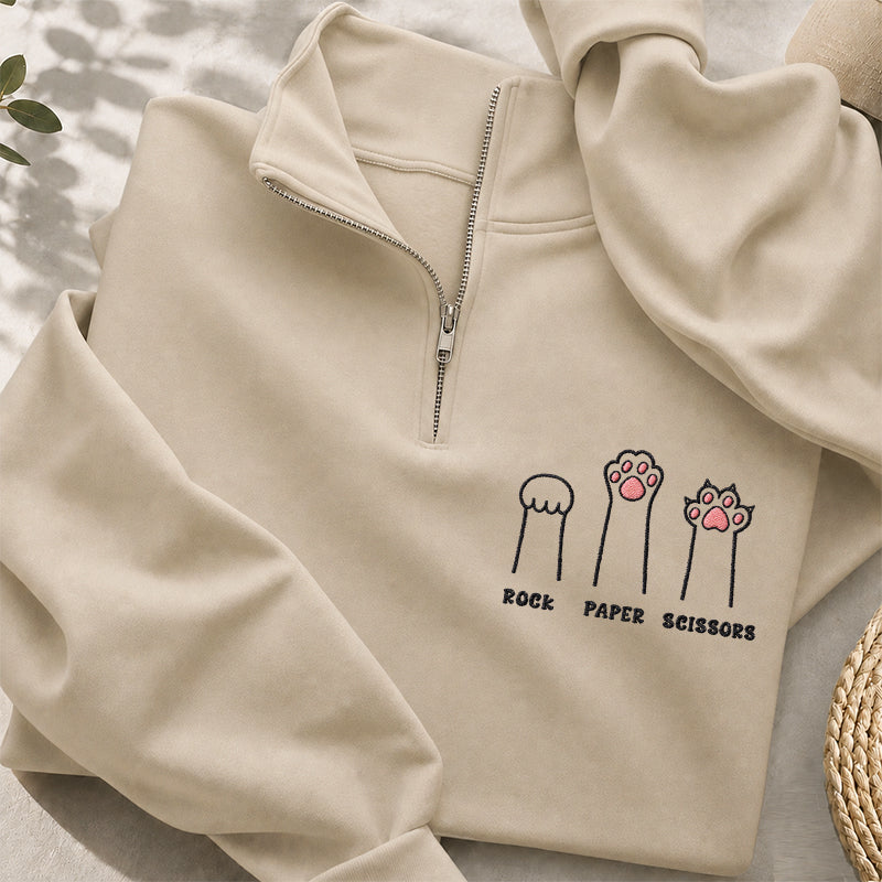 Embroidered Rock Paper Scissors Cat Paw Classic Quarter Zip Sweatshirt