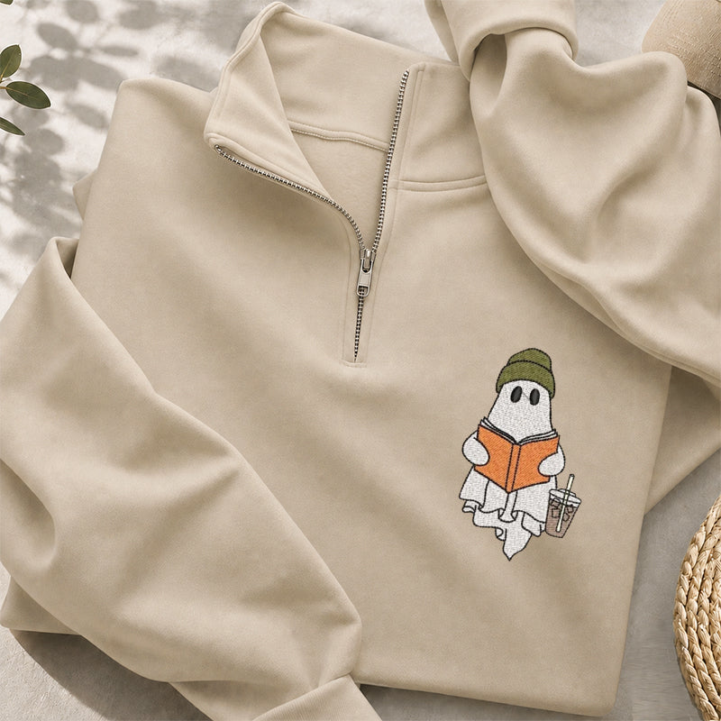 Embroidered Cute Ghost Reading Classic Quarter Zip Sweatshirt