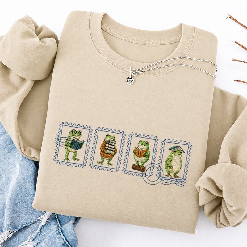 Embroidered Bookish Frog Stamp Classic Crewneck Sweatshirt