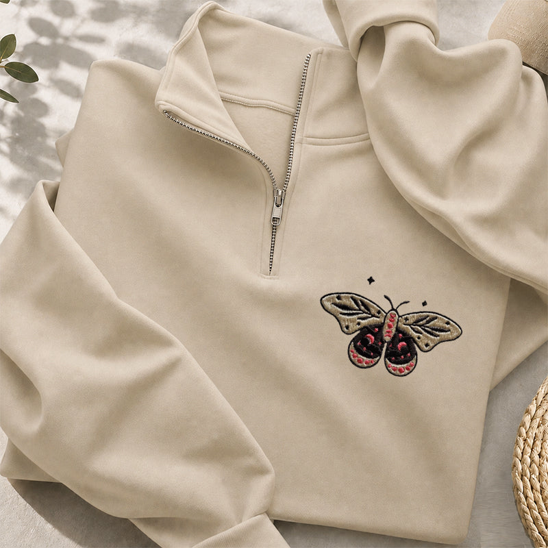 Embroidered Moth Butterfly Classic Quarter Zip Sweatshirt