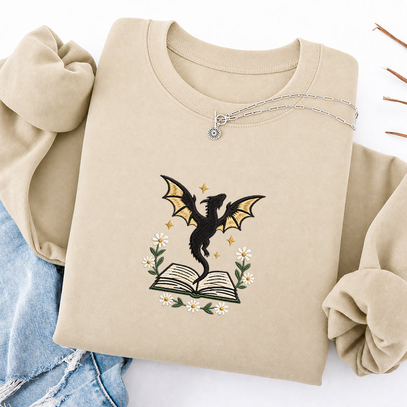 Embroidered Dragon Floral Book Classic Crewneck Sweatshirt