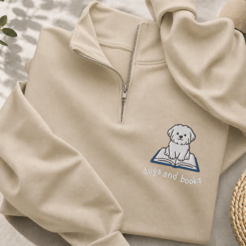 Embroidered Dogs And Books Classic Quarter Zip Sweatshirt