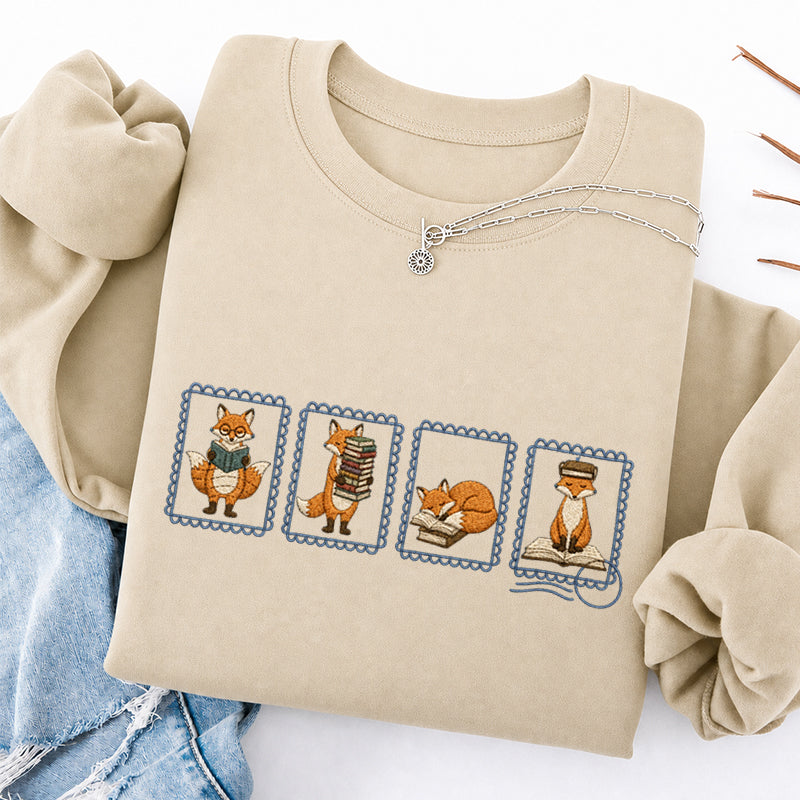 Embroidered Bookish Fox Stamp Classic Crewneck Sweatshirt
