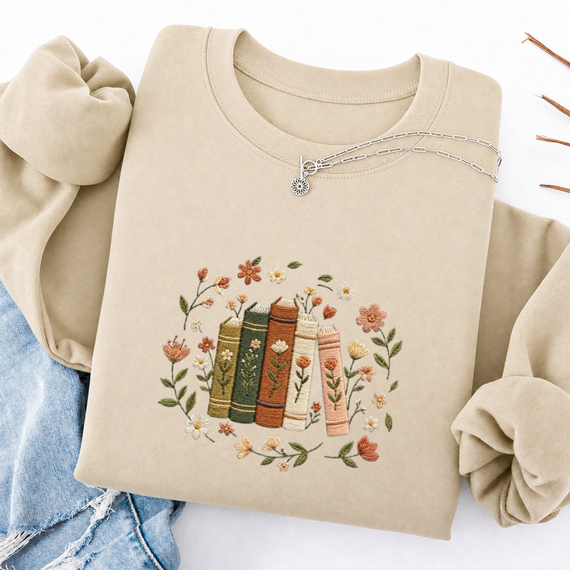 Embroidered Floral Book Stack Classic Crewneck Sweatshirt