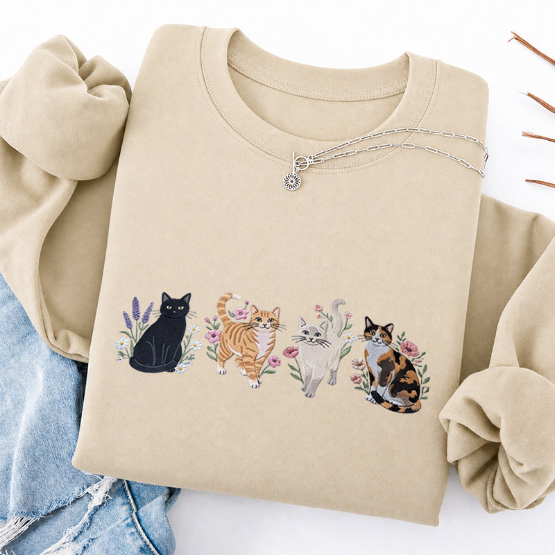Embroidered Cats And Flowers Classic Crewneck Sweatshirt