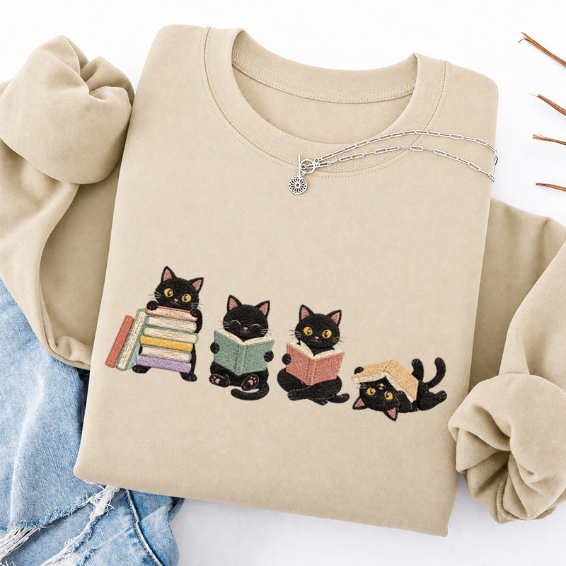 Embroidered Cat Reading Classic Crewneck Sweatshirt