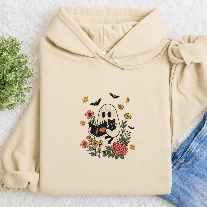 Embroidered Floral Ghost Reading Classic Adult Unisex Hoodie
