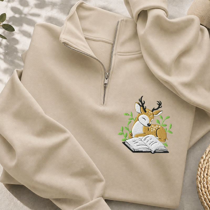 Embroidered Deer Book Classic Quarter Zip Sweatshirt