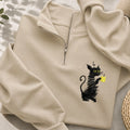 Embroidered Coffee Black Cat Classic Quarter Zip Sweatshirt