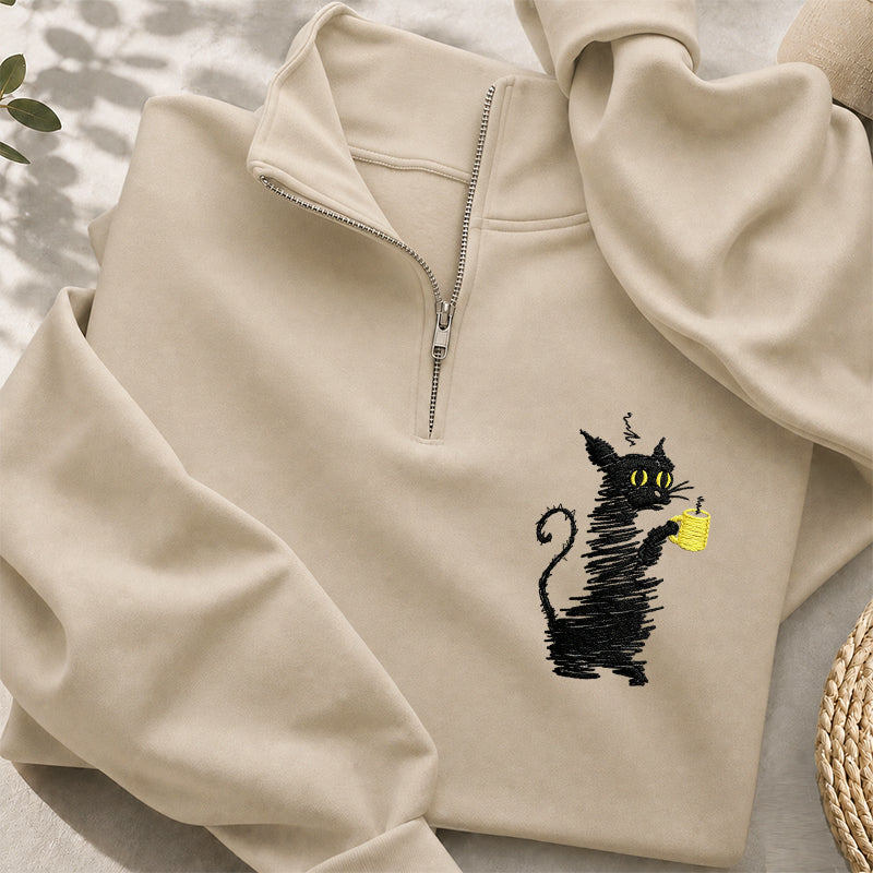 Embroidered Coffee Black Cat Classic Quarter Zip Sweatshirt