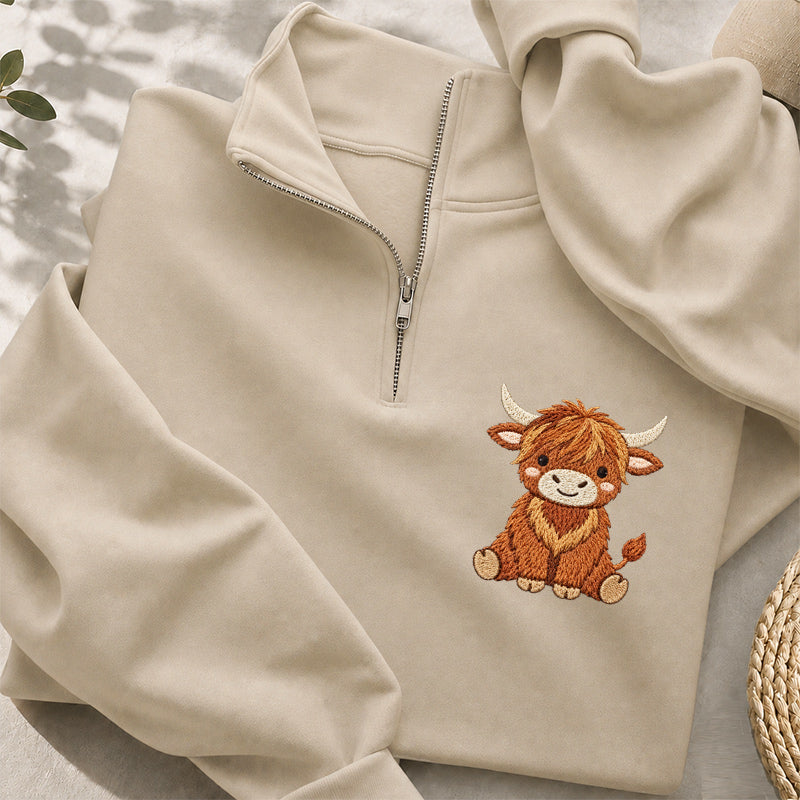 Embroidered Highland Cow Classic Quarter Zip Sweatshirt