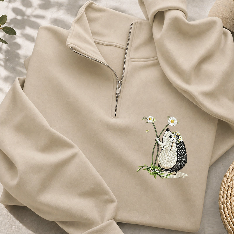 Embroidered Hedgehog Daisy Classic Quarter Zip Sweatshirt