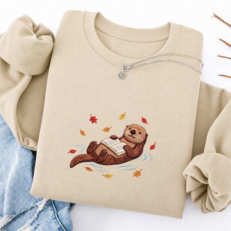 Embroidered Otter Reading Book Classic Crewneck Sweatshirt
