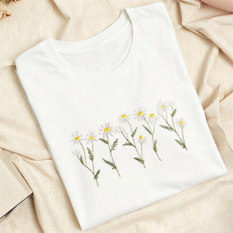 Embroidered Daisy Classic Adult Unisex Crew Neck T-Shirt