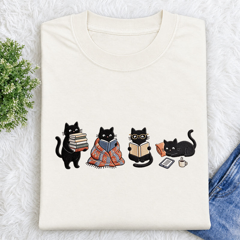 Embroidered Bookish Black Cats Classic Crew Neck T-Shirt