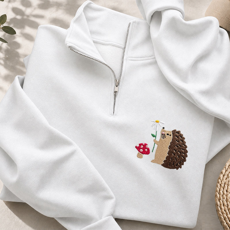 Embroidered Mushroom Hedgehog Classic Quarter Zip Sweatshirt