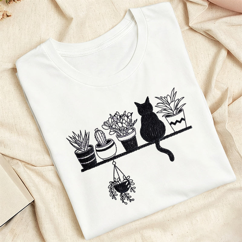 Embroidered Cats And Plants Classic Adult Unisex Crew Neck T-Shirt