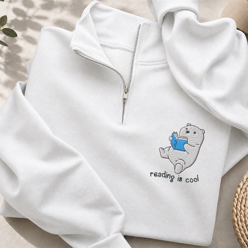 Embroidered Reading Is Cool Polar Bear Classic Quarter Zip Sweatshirt