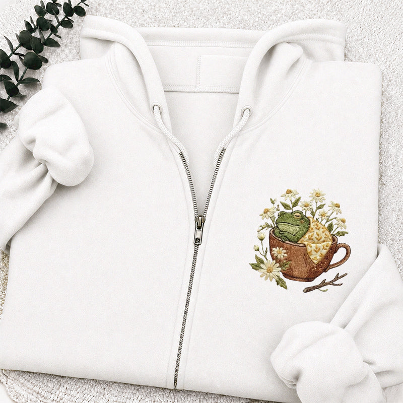 Embroidered Frog in Teacup Classic Adult Unisex Full Zip Hoodie
