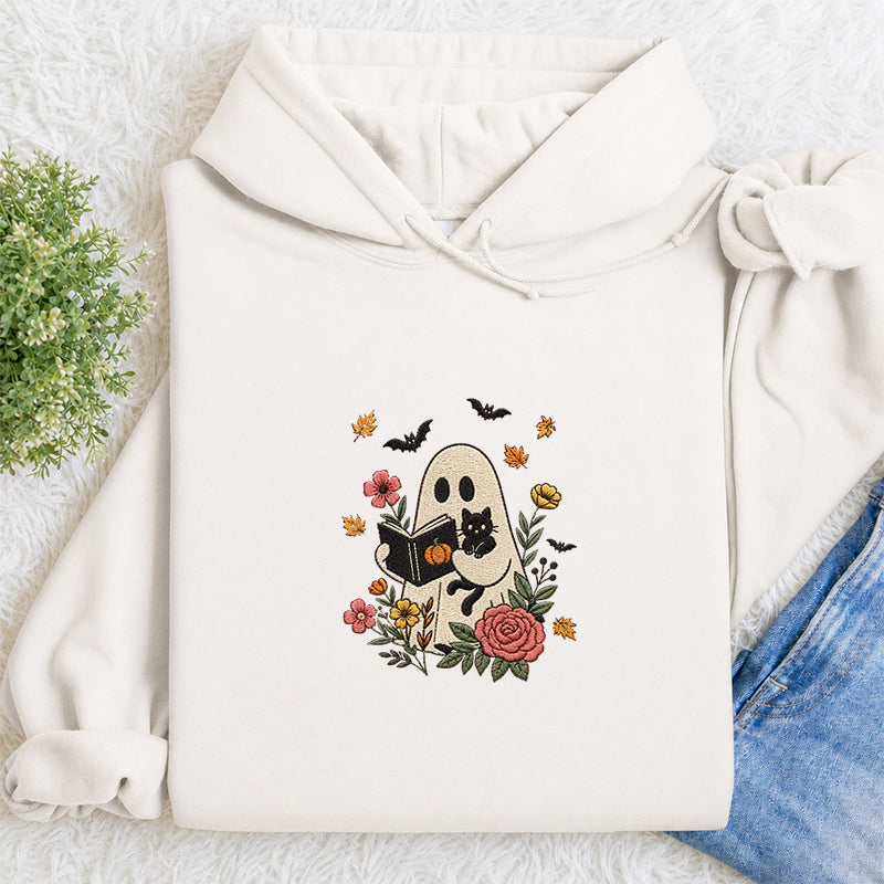 Embroidered Floral Ghost Reading Classic Adult Unisex Hoodie