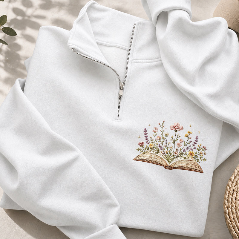 Embroidered Floral Book Classic Quarter Zip Sweatshirt