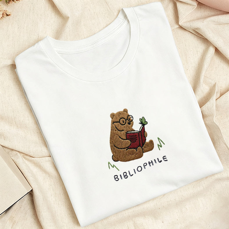 Embroidered Reading Bear Classic Adult Unisex Crew Neck T-Shirt