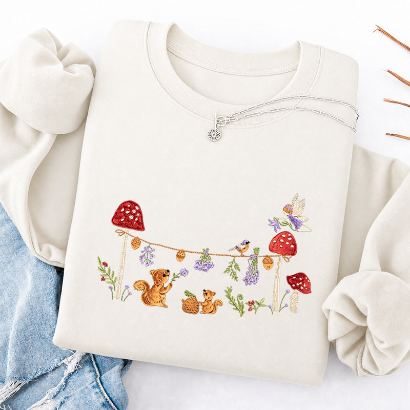Embroidered Squirrel Woodland Fairy Tale Classic Crewneck Sweatshirt