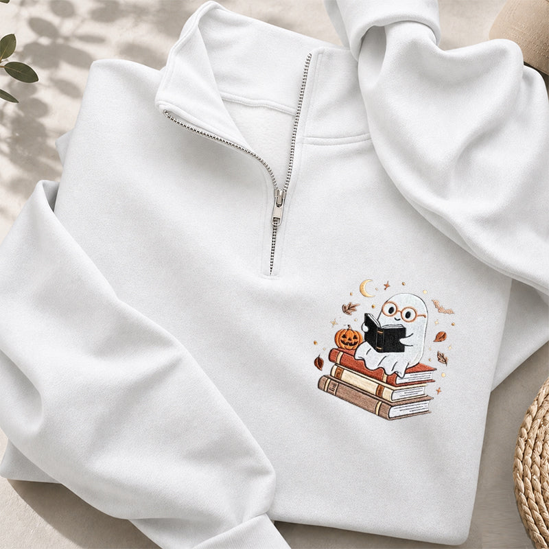 Embroidered Bookish Ghost Classic Quarter Zip Sweatshirt