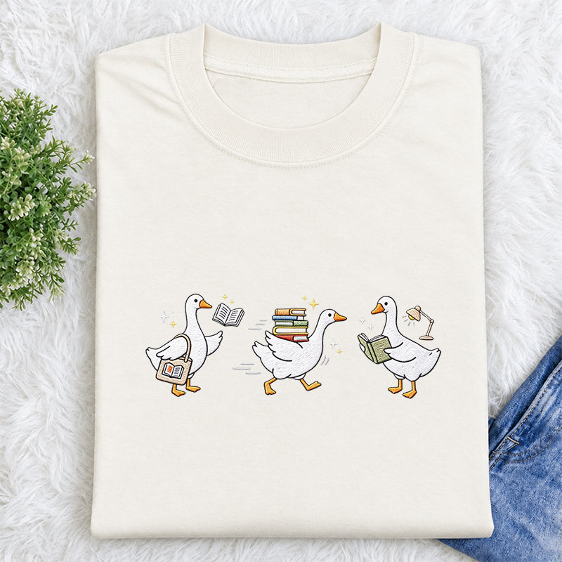 Embroidered Goose Reading Books Classic Crew Neck T-Shirt