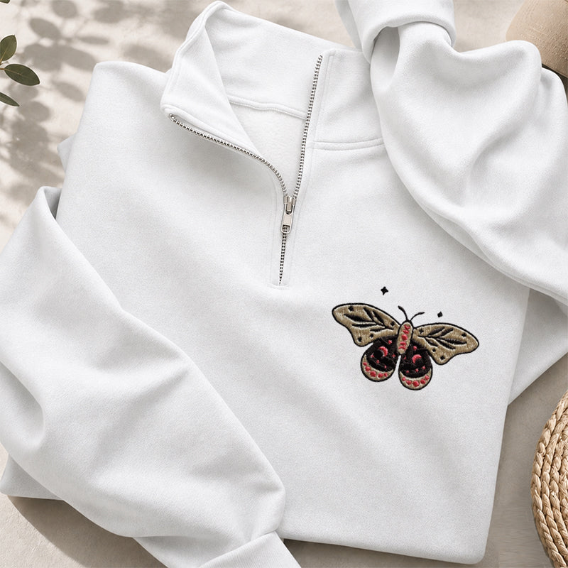 Embroidered Moth Butterfly Classic Quarter Zip Sweatshirt