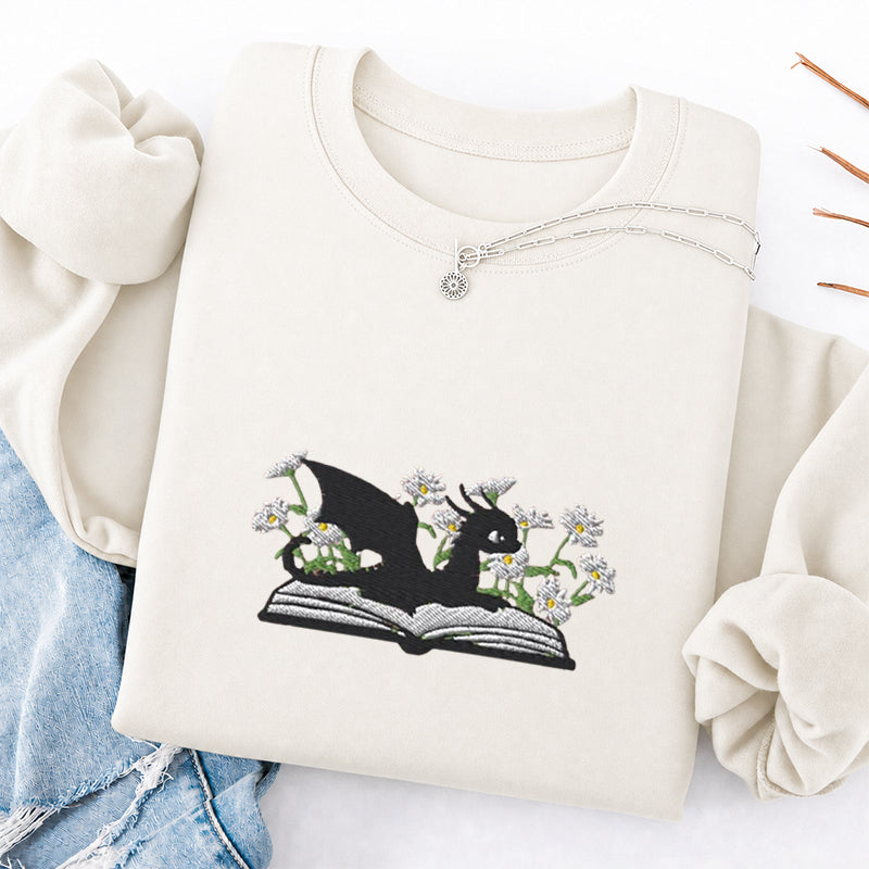 Embroidered Floral Dragon Book Classic Crewneck Sweatshirt