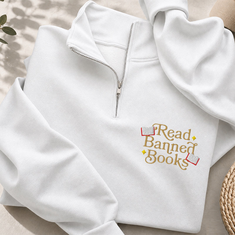 Embroidered Read Banned Books Classic Quarter Zip Sweatshirt
