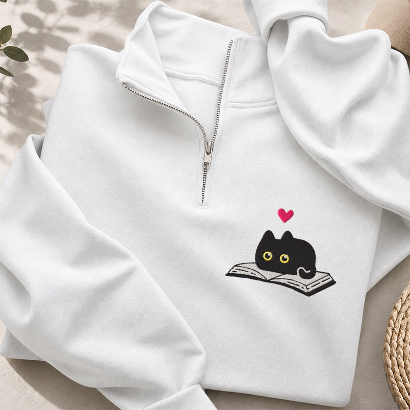 Embroidered Black Cat and Book Classic Quarter Zip Sweatshirt