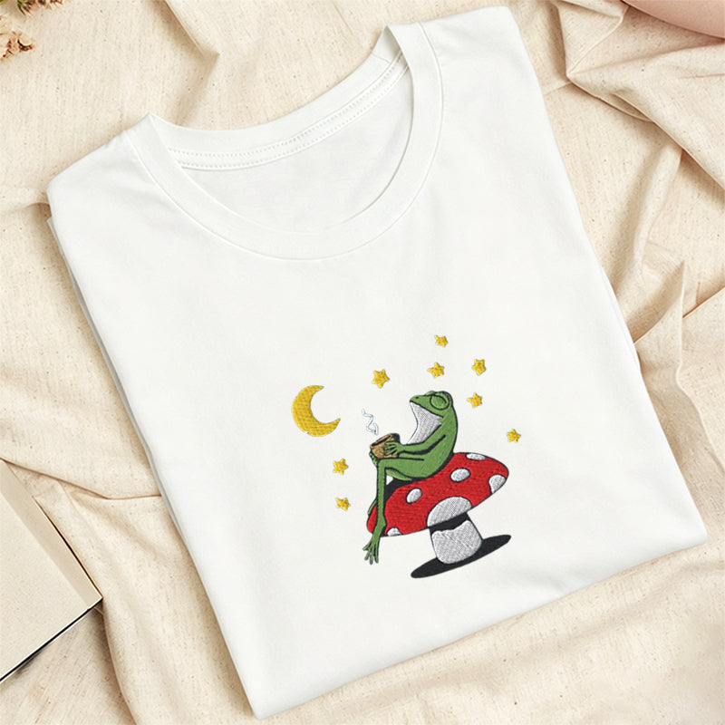 Embroidered Frog Night With Coffee Classic Adult Unisex Crew Neck T-Shirt