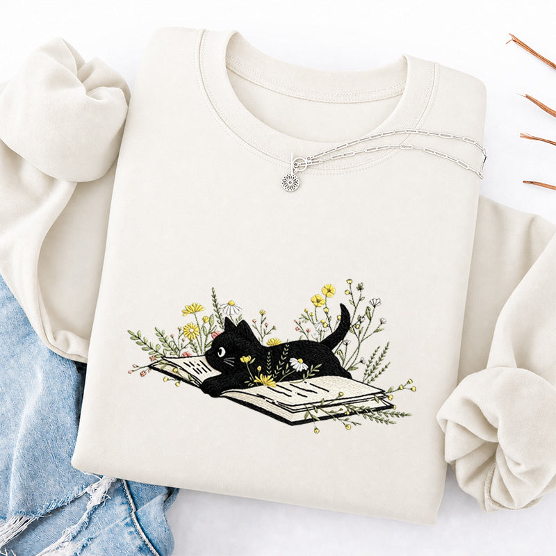 Embroidered Floral Book Cat Classic Crewneck Sweatshirt