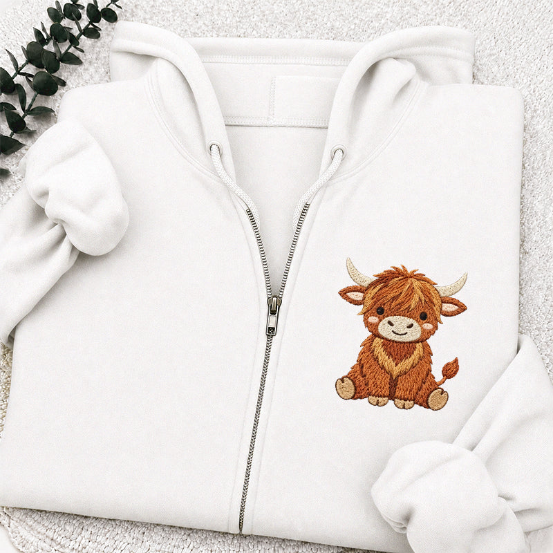 Embroidered Highland Cow Classic Full Zip Hoodie