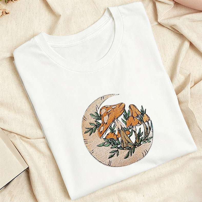 Embroidered Mushroom Moon Classic Adult Unisex Crew Neck T-Shirt