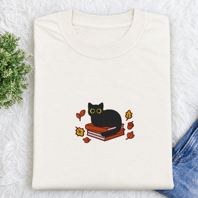 Embroidered Autumn Black Cat Book Classic Crew Neck T-Shirt