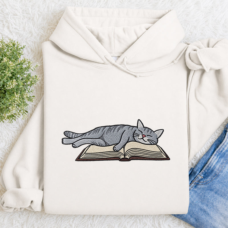 Embroidered Cat Sleeping On Book Classic Adult Unisex Hoodie
