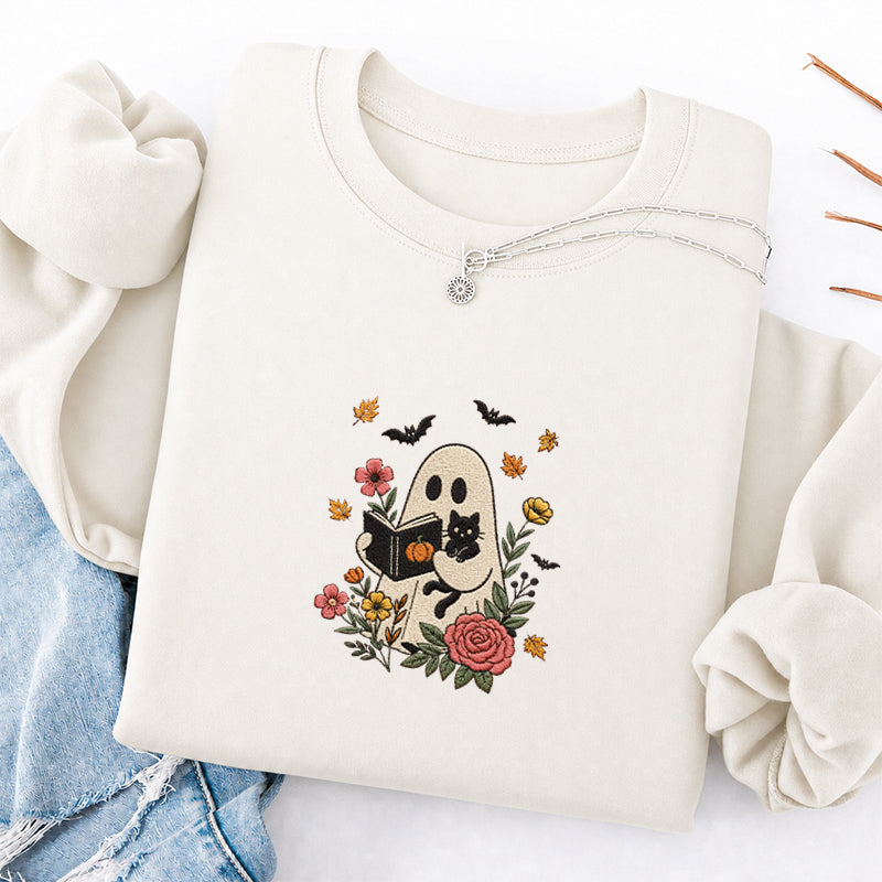 Embroidered Floral Ghost Reading Classic Crewneck Sweatshirt