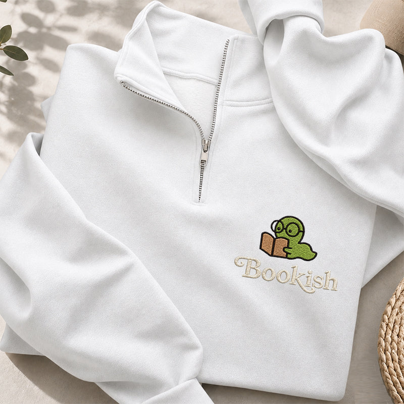 Embroidered Bookish Worm Classic Quarter Zip Sweatshirt