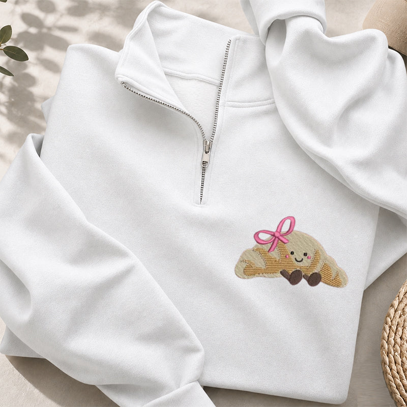Embroidered Cute Croissant Classic Quarter Zip Sweatshirt