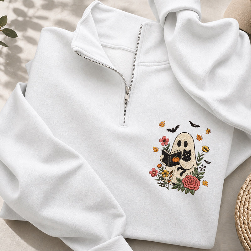 Embroidered Floral Ghost Reading Classic Quarter Zip Sweatshirt