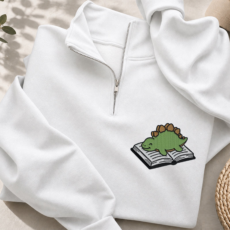 Embroidered Dinosaur Reading Books Classic Quarter Zip Sweatshirt