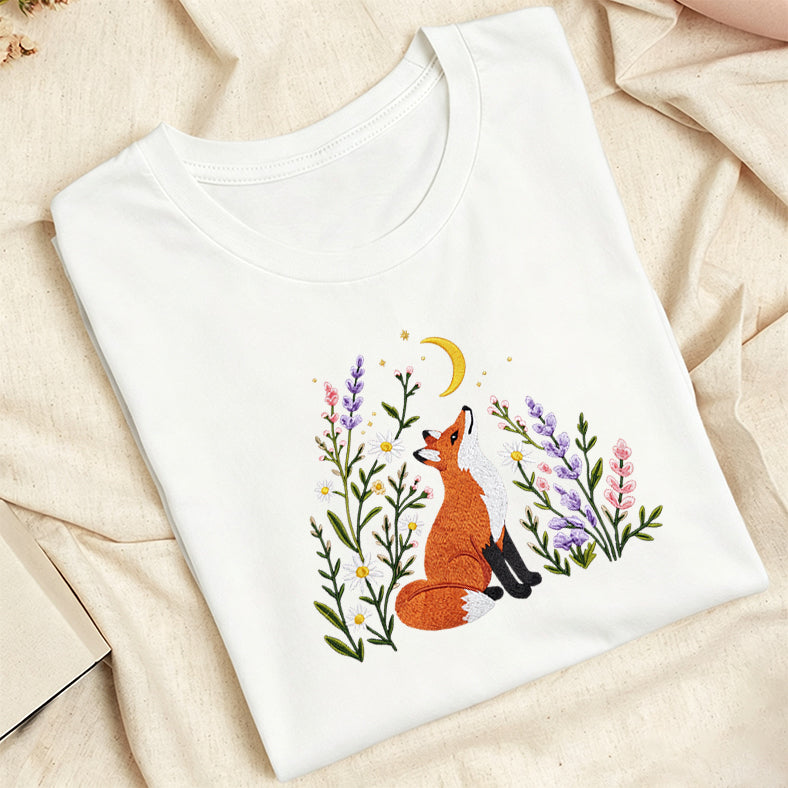 Embroidered Fox Wildflower Classic Adult Unisex Crew Neck T-Shirt
