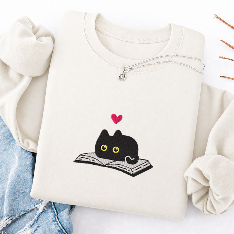 Embroidered Black Cat And Book Classic Crewneck Sweatshirt