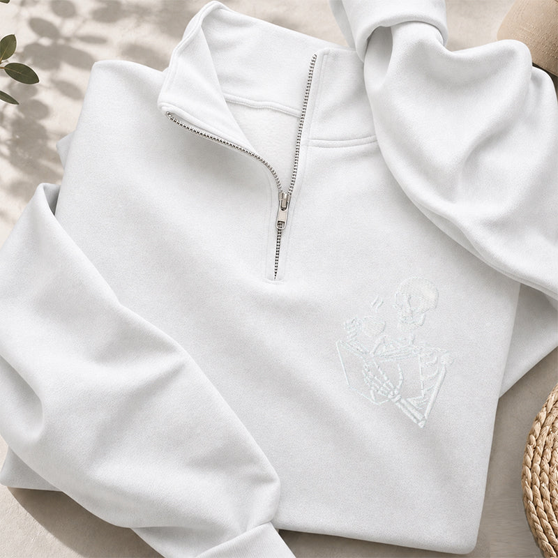 Embroidered Skeleton Coffee And Books Classic Quarter Zip Sweatshirt