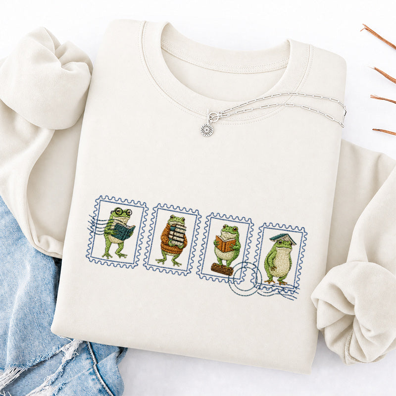 Embroidered Bookish Frog Stamp Classic Crewneck Sweatshirt